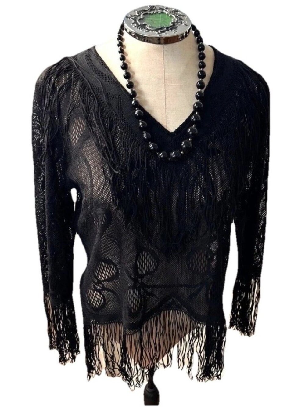 VTG Blk handwoven Crochet Mesh Tunic Top M fringe Whimsigoth Vampy Fairy Grunge